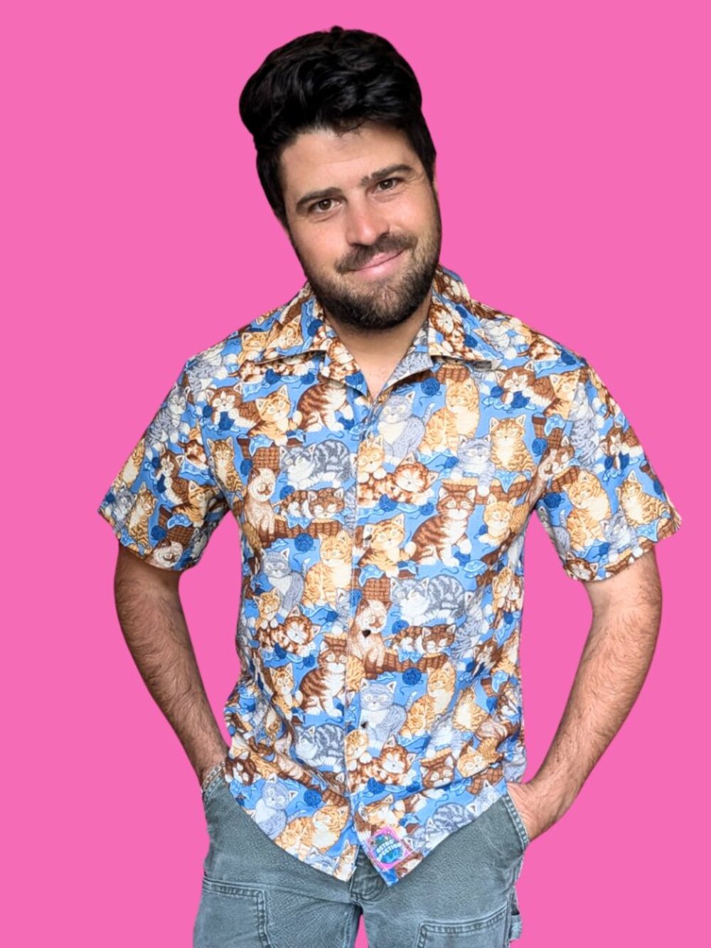 Handmade, Upcycled Cats Patterned Fabric Button Down Shirt Size S